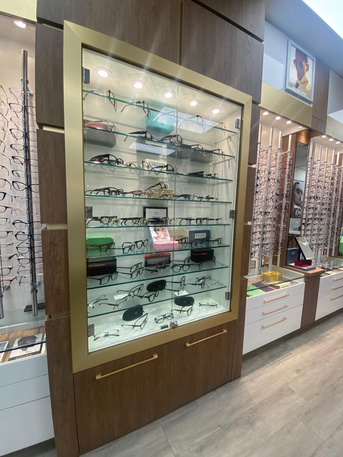 Glass display case of designer frames
