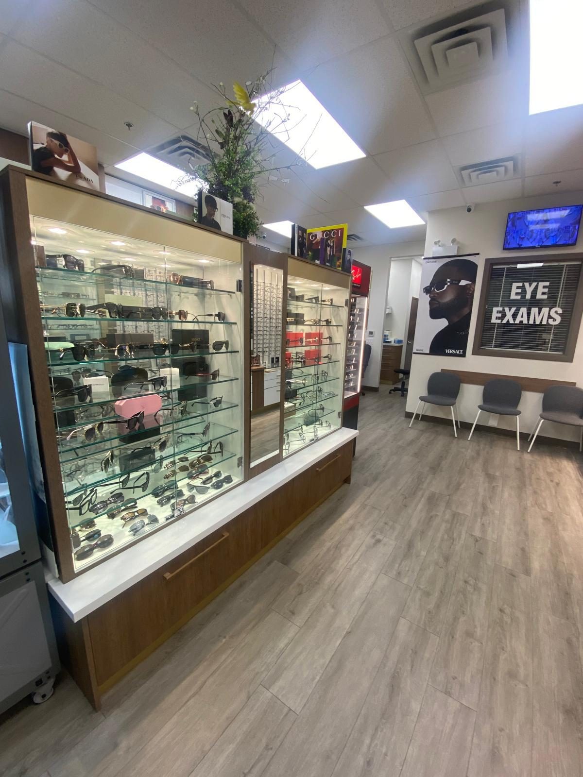 Showroom with eye exams sign and display cases