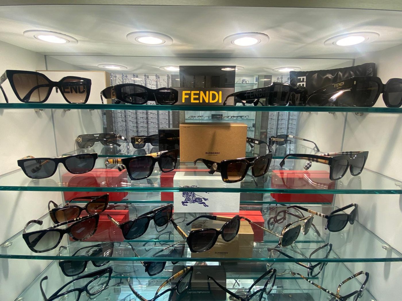 Fendi and Burberry eyewear display